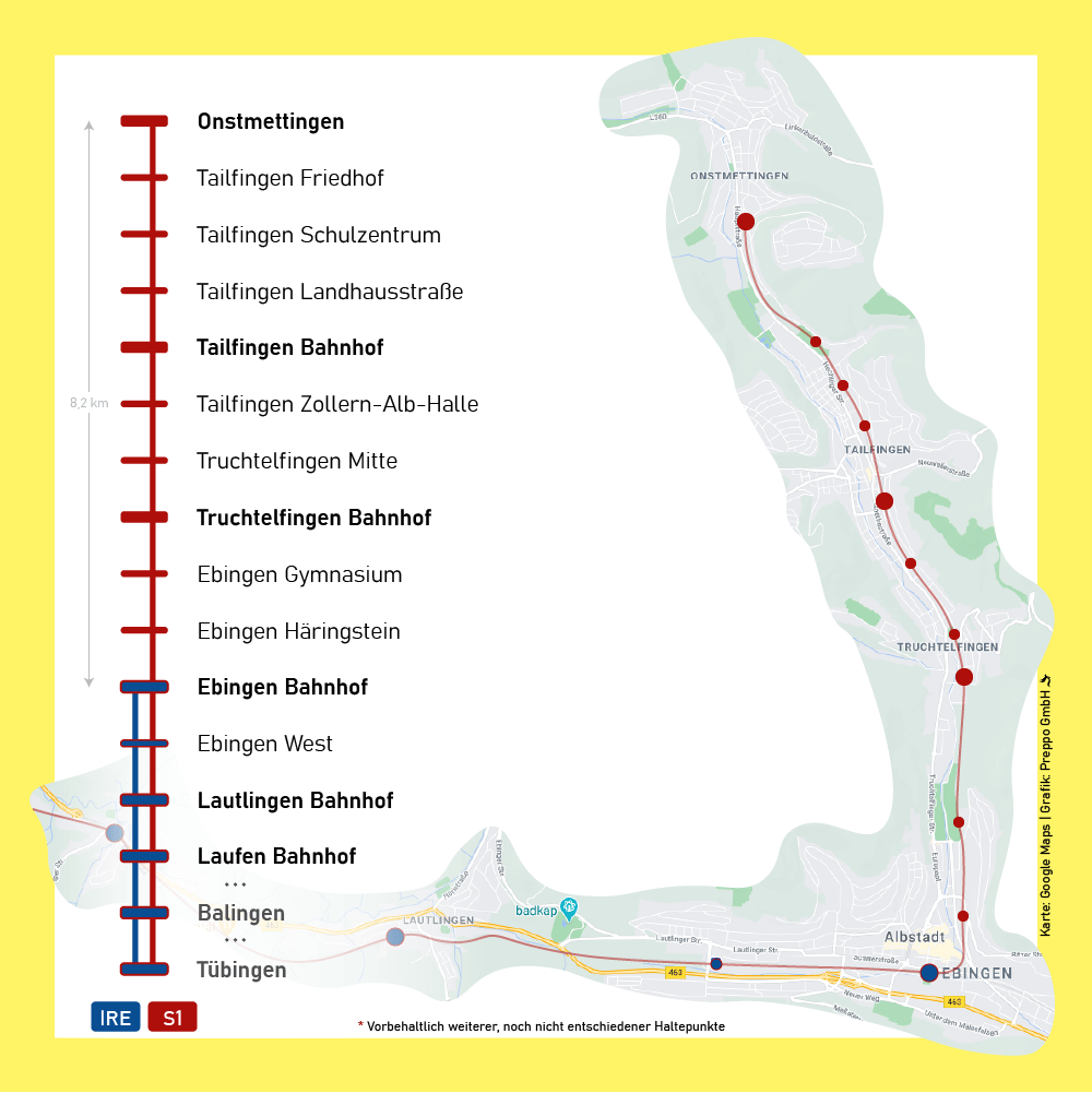 RegioStadtbahn Talgangbahn Haltepunkte Albstadt-Onstmettingen-Tübingen